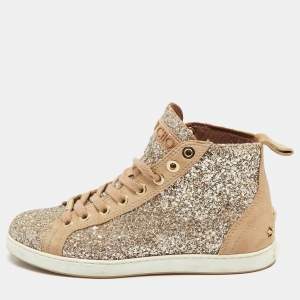 Jimmy Choo Beige/Silver Glitter and Suede High Top Sneakers Size 38