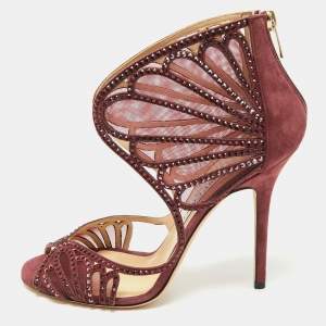 Jimmy Choo Burgundy Mesh and Suede Crystal Embellished Sandals Size 39