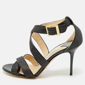 Jimmy Choo Black Canvas and Patent Ivette Strappy Sandals Size 36