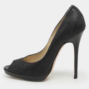 Jimmy Choo Black Glitter Fabric and Leather Luna Platform Pumps Size 39