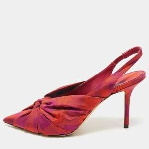 Jimmy Choo Pink/Orange Plaid Fabric Knot Pointed Toe Slingback Pumps Size 40