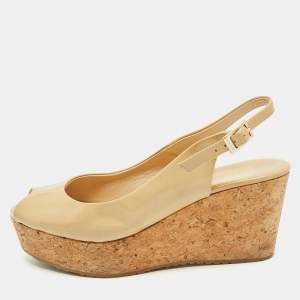 Jimmy Choo Beige Patent Leather Cork Platform Wedge Slingback Pumps Size 39