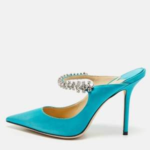 Pre Owned Jimmy Choo Tiffany Blue Satin Bing Mules Size 38.5