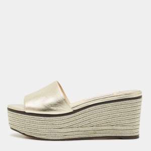 Jimmy Choo Gold Leather Wedge Espadrille Slide Sandals Size 38