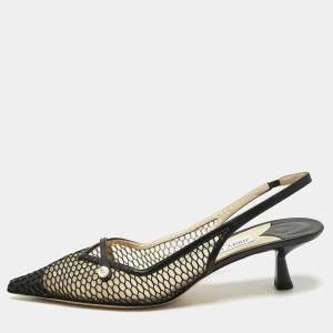 Jimmy Choo Black Mesh and Leather Fetto Slingback Pumps Size 41