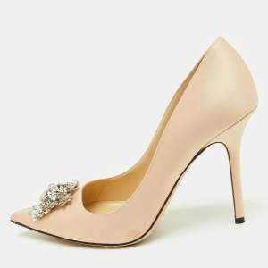 Pre Owned Jimmy Choo Beige Satin Crystal Embellished Manda Pumps Size 38.5