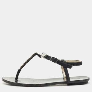 Pre Owned Jimmy Choo Black Shimmer Suede Wander Crystals T-Strap Sandals Size 37