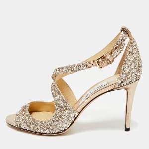 Jimmy Choo Gold Glitter Emily Cross Strap Sandals Size 38