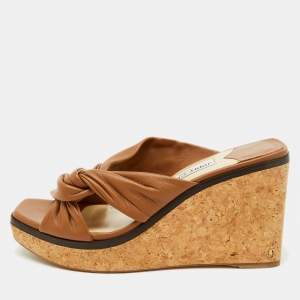 Jimmy Choo Brown Leather Narisa Cork Platform Wedge Sandals Size 41