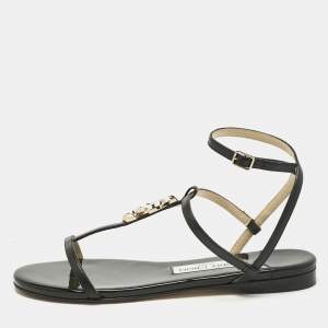 مملوكة مسبقًا Jimmy Choo Black Leather Alodie Flat Sandals Size 37