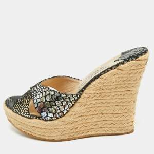 Jimmy Choo Multicolor Croc-Embossed Leather  Platform Wedge Sandals Size 39