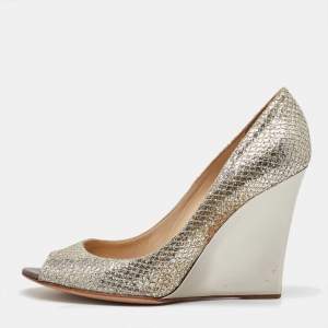 Pre Owned Jimmy Choo Metallic Coarse Glitter Baxen Peep Toe Wedge Pumps Size 39