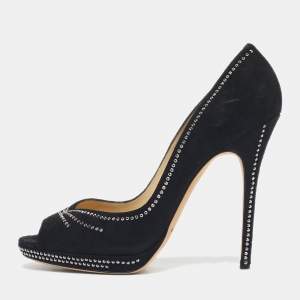 Pre Owned Jimmy Choo Black Suede Studded Peep Toe Pumps Size 41