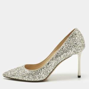 Pre Owned Jimmy Choo Metallic Silver Coarse Glitter Romy Pointed Toe Pumps Size 38.5
