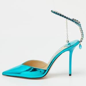 Pre Owned Jimmy Choo Blue Patent Leather Saeda Crystal Pointed Toe Pumps Size 38.5