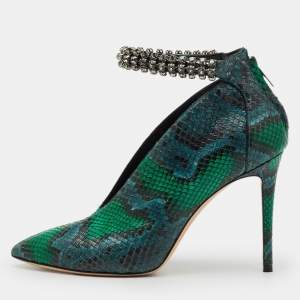 Pre Owned Jimmy Choo Green/Blue Snakeskin Vamp Crystal Embellished Ankle Strap Pumps Size 38