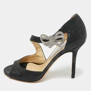Pre Owned Jimmy Choo Black Coarse Glitter Peep Toe Ankle Strap Pumps Size 36