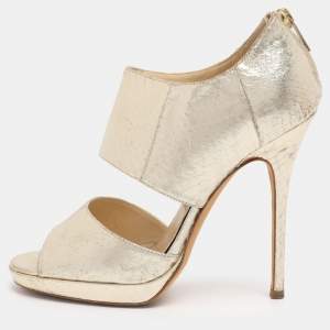 Pre Owned Jimmy Choo Gold Python Embossed Leather Private Peep Toe Sandals  Size 38