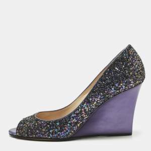 Pre Owned Jimmy Choo Purple Glitter Baxen Peep Toe Wedge Pumps Size 38.5