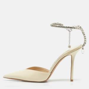 Pre Owned Jimmy Choo Cream Patent Leather Saeda Crystal Embellishment Pumps Size 39