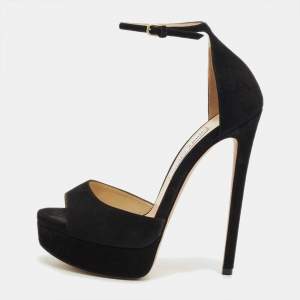 Pre Owned Jimmy Choo Black Suede Annie Ankle Strap Platform Pumps Size 38.5