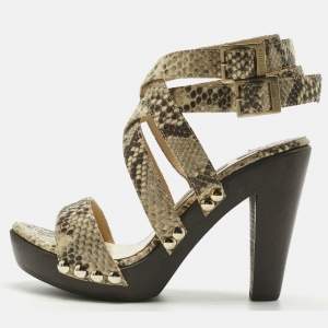 Pre Owned Jimmy Choo Beige Python Embossed Leather Unity Strappy Wooden Sandals Size 37