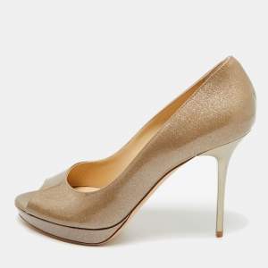 Pre Owned Jimmy Choo Metallic Gold Patent Leather Peep Toe Pumps Size 39