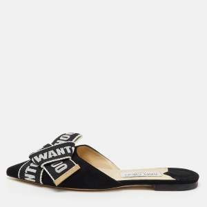 Pre Owned Jimmy Choo Black Suede Logo Web Gretchen Flat Mules Size 38