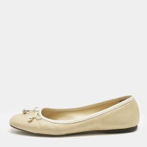 Pre Owned Jimmy Choo Beige/White Leather and Raffia Elme Bow  Ballet Flats Size 40