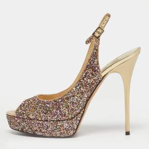 Pre Owned Jimmy Choo Multicolor Glitter Accents Peep Toe Slingback Pumps Size 38