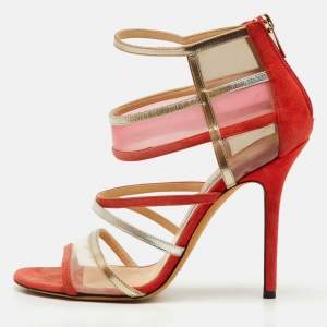 Pre Owned Jimmy Choo Orange/Metallic Suede, PVC and Leather Strappy Sandals Size 38