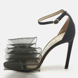 Pre Owned Jimmy Choo Black Canvas and Net Aveline Ankle Strap Sandals Size 36