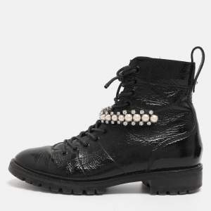 Pre Owned Jimmy Choo Black Patent Leather Cruz Combat Boots Size 37.5