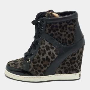 Pre Owned Jimmy Choo Brown/Black Leopard Print Calf Hair and Leather Wedge Sneakers Size 37