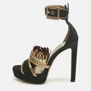 Pre Owned Jimmy Choo Black/Gold Suede Kathleen Open Toe Ankle Cuff Sandals Size 36
