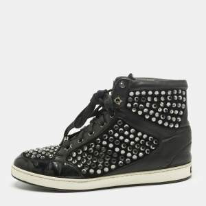 Pre Owned Jimmy Choo Black Leather and Suede Crystal Embellish High Top Sneakers Size 37