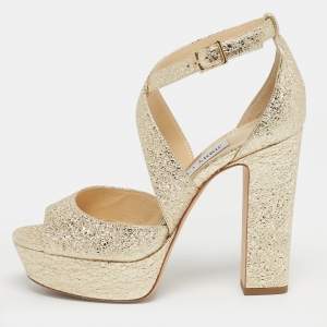 Pre Owned Jimmy Choo Gold Leather Carrie Block Heel Pumps Size 36