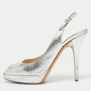 Pre Owned Jimmy Choo Silver Python Embossed Leather Nova Peep Toe Pumps Size 38