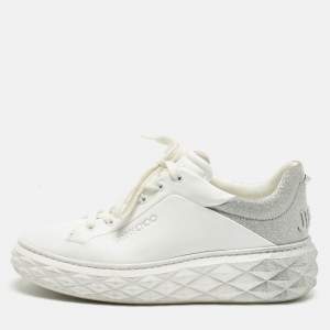 Pre Owned Jimmy Choo White/Silver Leather Diamond Light Maxi Sneakers Size 39