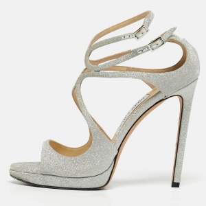 Pre Owned Jimmy Choo Silver Glitter Azia Ankle Strap Sandals Size 38