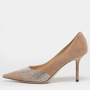 Pre Owned Jimmy Choo Beige Suede Crystal Embellish Love Pumps Size 37.5