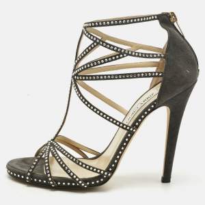 Pre Owned Jimmy Choo Green Suede Thistle Crystal Embellished Ankle Strap Sandals Size 40