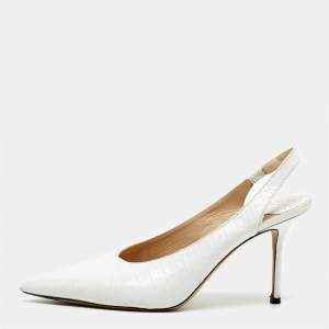 Pre Owned Jimmy Choo White Croc Embossed Leather Ivy Slingback Pumps Size 39