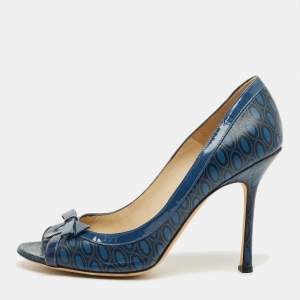 Pre Owned Jimmy Choo Blue Printed Leather and Patent Peep Toe Pumps Size 40.5