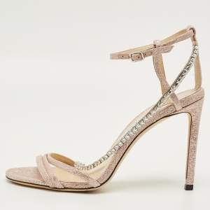 Pre Owned Jimmy Choo Pink Lurex Fabric Crystal Embellish Ankle Strap Sandals Size 38.5