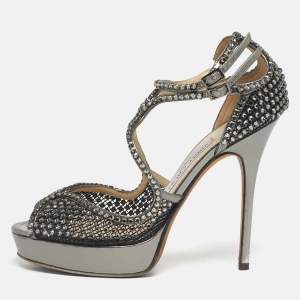 Pre Owned Jimmy Choo Metallic Silver Mesh And Leather Crystal Embellished Ankle Strap Sandals Size 38
