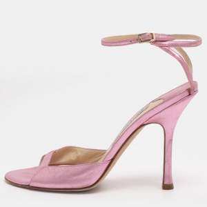 Pre Owned Jimmy Choo Metallic Pink Leather Ankle Strap Sandals Size 38.5