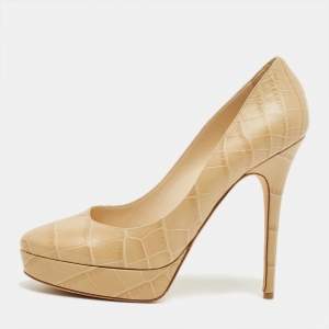Pre Owned Jimmy Choo Beige Croc Embossed Leather Cosmic Platform Pumps Size 40