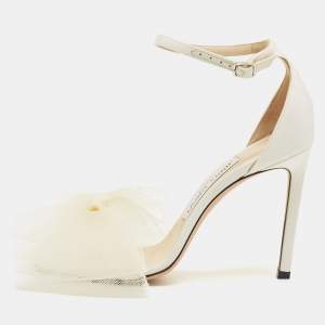 Pre Owned Jimmy Choo White Fabric Aveline Bow Ankle Strap Sandals Size 36