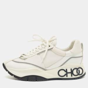 Pre Owned Jimmy Choo White Neoprene and Leather Raine Lace Up Sneakers Size 37.5